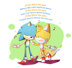 Size: 923x866 | Tagged: safe, artist:pikoreto, miles "tails" prower, sonic the hedgehog, fox, hedgehog, dialogue, duo, eyes closed, male, open mouth, open smile, shoes, singing
