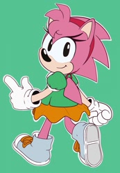Size: 887x1280 | Tagged: safe, artist:four-pundo, amy rose, hedgehog, amy's schoolgirl outfit, classic amy, classic sonic (universe), clothes, female, gloves, green background, headband, looking at viewer, looking back, looking back at viewer, outline, shoes, simple background, skirt, smile, smiling at viewer, solo, treads, walking, white outline