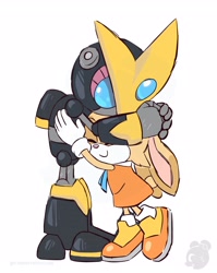Size: 2550x3200 | Tagged: safe, artist:twincubcakes, cream the rabbit, gemerl, rabbit, 2026, child, duo, eyes closed, female, hugging, robot, simple background, smile, watermark, white background