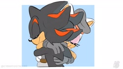 Size: 1920x1080 | Tagged: safe, artist:twincubcakes, carrotia the rabbit, shadow the hedgehog, hedgehog, rabbit, 2026, comforting, duo, female, hugging, male, simple background, smile, watermark