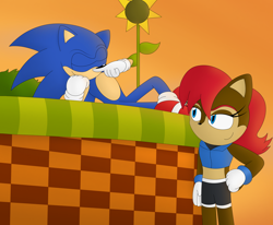 Size: 3270x2694 | Tagged: safe, artist:williamceleste-arts, sally acorn, sonic the hedgehog, chipmunk, hedgehog, green hill zone, 2024, afternoon, duo, eyes closed, female, flower, looking at them, lying down, lying on side, male, sally x sonic, sally's ringblader outfit, shipping, straight, sunflower, sunset