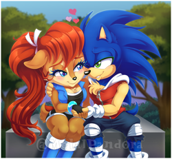 Size: 982x908 | Tagged: safe, artist:metalpandora, sally acorn, sonic the hedgehog, chipmunk, hedgehog, 2020, clothes, duo, female, fully clothed, heart, hoodie, long hair, looking at each other, male, outdoors, ponytail, sally x sonic, sally's ringblader outfit, shipping, shirt, shorts, sitting, straight, tree, watermark, wraps