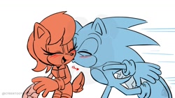Size: 1200x675 | Tagged: safe, artist:twincubcakes, sally acorn, sonic the hedgehog, chipmunk, hedgehog, 2026, blushing, duo, english text, eyes closed, female, happy, heart, kiss, kiss on cheek, male, running, running toward them, sally x sonic, sally's ringblader outfit, shipping, simple background, smile, straight, watermark, white background, wholesome