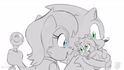 Size: 1920x1080 | Tagged: safe, artist:twincubcakes, sally acorn, sonia acorn, sonic the hedgehog, chipmunk, hedgehog, 2026, acorn (symbol), baby, baby rattle, blushing, carrying them, cute, english text, eyes closed, family, father and child, father and daughter, female, happy, heart, holding something, kiss, kiss on cheek, looking at each other, male, mother and child, mother and daughter, pacifier, parent and child, parent:sally, parent:sonic, parents:sonally, running, running toward them, sally x sonic, sally's vest and boots, shipping, simple background, smile, straight, trio, watermark, white background, wholesome