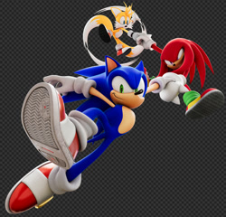 Size: 2000x1920 | Tagged: safe, artist:garbonzobeanguy, knuckles the echidna, miles "tails" prower, sonic the hedgehog, echidna, fox, hedgehog, sonic heroes, 3d, flying, holding hands, looking at them, looking at viewer, male, spinning tails, team sonic, trio
