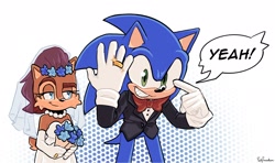 Size: 2048x1215 | Tagged: safe, artist:jadepesky, sally acorn, sonic the hedgehog, chipmunk, hedgehog, 2025, bouquet, clothes, dialogue, duo, english text, female, flower, flower crown, holding something, looking at them, looking at viewer, male, meme, redraw, sally x sonic, shipping, speech bubble, straight, wedding, wedding dress, wedding ring, wedding suit