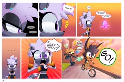 Size: 4096x2698 | Tagged: safe, artist:buddyhyped, tangle the lemur, whisper the wolf, wisp, oc, oc:aiden the hare, lemur, wolf, 2025, adopted fankid, adult, bicycle, chasing, child, cloud, comic, daytime, dialogue, english text, fankid, female, funny, grass, group, happy, hare, lesbian, looking at each other, looking at them, male, mother and child, mother and son, panicked, parent:tangle, parent:whisper, parents:whispangle, riding, road, running, shipping, sidewalk, speech bubble, standing, sunset, tangle x whisper, toddler, vehicle