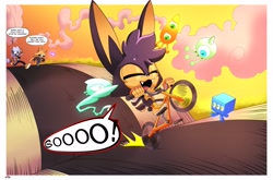Size: 4096x2698 | Tagged: safe, artist:buddyhyped, tangle the lemur, whisper the wolf, wisp, oc, oc:aiden the hare, lemur, wolf, 2025, adopted fankid, adult, bicycle, chasing, child, cloud, comic, daytime, dialogue, english text, fankid, female, funny, grass, group, happy, hare, lesbian, looking at them, male, panicked, parent:tangle, parent:whisper, parents:whispangle, pulling, riding, road, running, shipping, sidewalk, speech bubble, standing, sunset, tangle x whisper, toddler, vehicle, wheelie
