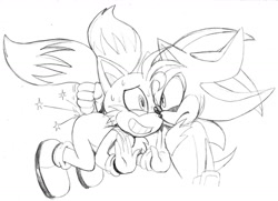 Size: 1280x929 | Tagged: safe, artist:omegasunburst, miles "tails" prower, shadow the hedgehog, 2020, duo, frown, grabbing, line art, looking at each other, monochrome, simple background, smile, standing, sweatdrop, tail grab, this won't end well, white background