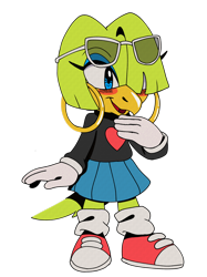 Size: 1280x1707 | Tagged: safe, artist:dragon22551, tekno the canary, bird, the murder of sonic the hedgehog, 2023, blushing, ear piercing, earring, eyewear on head, looking offscreen, mouth open, shirt, simple background, skirt, smile, solo, standing, style emulation, sunglasses, tmosth style, transparent background