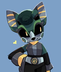 Size: 1075x1282 | Tagged: safe, artist:mintywhisker, cassia the pronghorn, 2026, black sclera, blue background, hand on hip, heart, looking offscreen, pronghorn, robot, simple background, smile, solo, standing
