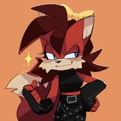 Size: 1590x1590 | Tagged: safe, artist:mintywhisker, fiona fox, fox, 2026, hand on hip, lidded eyes, looking offscreen, orange background, simple background, smile, smirk, solo, sparkles, standing