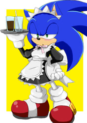 Size: 500x707 | Tagged: safe, artist:shoppaaaa, sonic the hedgehog, hedgehog, blushing, bow, clothes, crossdressing, dress, drink, gloves, gothic lolita, lolita, maid outfit, male, shoes, solo, standing