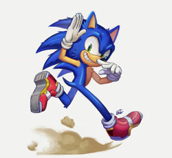 Size: 1280x1170 | Tagged: safe, artist:bzart55, sonic the hedgehog, hedgehog, sonic adventure 2, 2025, dust clouds, finger under nose, looking at viewer, male, redraw, running, signature, smile, soap shoes, solo, treads