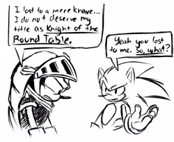Size: 2048x1672 | Tagged: safe, artist:sikyurame, mighty the armadillo, sonic the hedgehog, armadillo, hedgehog, sonic and the black knight, 2020, black and white, dialogue, duo, english text, knight armor, looking at them, male, simple background, speech bubble, tears, tears of sadness, white background