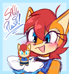 Size: 1500x1600 | Tagged: safe, artist:syrcaii, sally acorn, chipmunk, 2026, blushing, cute, female, happy, holding something, looking at something, plush, sally's ringblader outfit, simple background, solo, watermark