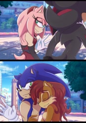 Size: 1424x2048 | Tagged: safe, artist:kadecreate, amy rose, sally acorn, shadow the hedgehog, sonic the hedgehog, chipmunk, hedgehog, 2025, amy x shadow, blushing, building, city, daytime, duo focus, female, friendship, holding hands, hugging, hugging from behind, looking at each other, male, moving on, naked, quartet, sally x sonic, shipping, smile, smiling at each other, straight, walking, waving