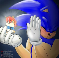 Size: 1469x1440 | Tagged: safe, artist:lu_hedgehog, sally acorn, sonic the hedgehog, chipmunk, hedgehog, 2025, blushing, carrying them, chibi, dark background, duo, female, holding something, looking offscreen, male, meme, sally x sonic, sally's ringblader outfit, shiny, shipping, simple background, straight