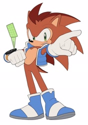 Size: 1440x2048 | Tagged: safe, artist:jadepesky, manik acorn, hedgehog, 2026, looking at viewer, male, parent:sally, parent:sonic, parents:sonally, pose, redesign, simple background, smile, smiling at viewer, solo, standing, technology, teenager, vest, white background