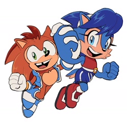 Size: 1422x1427 | Tagged: safe, artist:jadepesky, manik acorn, sonia acorn, chipmunk, hedgehog, 2026, brother and sister, child, duo, female, fist, holding hands, jumping, looking at viewer, male, open smile, parent:sally, parent:sonic, parents:sonally, siblings, simple background, smile, vest, white background, wholesome