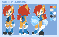 Size: 5944x3753 | Tagged: safe, artist:faburin, sally acorn, chipmunk, 2025, character name, english text, female, frown, holding something, lidded eyes, looking offscreen, outline, pose, redesign, reference sheet, ringblader, smile, solo, standing, weapon