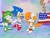 Size: 4000x3000 | Tagged: safe, artist:emeraldz, cosmo the seedrian, miles "tails" prower, sonic the hedgehog, fox, hedgehog, seedrian, adventures of sonic the hedgehog, 2026, 4th of july, alternate version, american flag, classic sonic, classic sonic (universe), classic tails, country flag, daytime, eyes closed, female, grin, looking at them, looking offscreen, male, pose, redraw, salute, smile, standing, trio, vhs filter