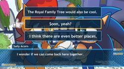 Size: 4096x2299 | Tagged: safe, artist:o_azul35, sally acorn, sonic the hedgehog, chipmunk, hedgehog, 2026, apotos, building, dating simulator, daytime, dialogue, duo, english text, fake screenshot, female, holding hands, looking at each other, male, sally x sonic, sally's vest and boots, shipping, smile, smiling at them, standing, straight