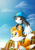 Size: 562x800 | Tagged: safe, artist:kampidh, miles "tails" prower, clouds, crossover, daytime, duo, klonoa, looking offscreen, looking up, male, outdoors, sitting, smile