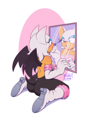 Size: 1647x2237 | Tagged: safe, artist:rathilene, rouge the bat, bat, abstract background, female, holding something, kneeling, looking at something, makeup, mirror, mouth open, reflection, solo