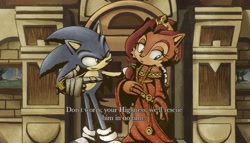 Size: 1143x656 | Tagged: safe, artist:jadepesky, sally acorn, sonic the hedgehog, chipmunk, hedgehog, sonic and the black knight, 2026, dialogue, dress, duo, ear piercing, english text, fake screenshot, female, hand on another's back, indoors, looking at them, male, necklace, piercing, pointing, sally x sonic, shipping, sir guinevere, straight, tiara, wink