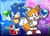 Size: 2048x1493 | Tagged: safe, artist:wrenchmaster4, miles "tails" prower, sonic the hedgehog, abstract background, chaos emerald, duo, duo male, hand on hip, holding something, legs crossed, looking at viewer, male, mouth open, open smile, outline, smile, smiling at viewer, white outline