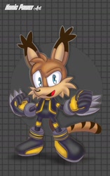 Size: 1059x1686 | Tagged: safe, artist:nonicpower, lynx, 2024, abstract background, alternate outfit, clothes, larry lynx, looking at viewer, male, open mouth, open smile, pose, smile, smiling at viewer, solo, standing, suit, weapon