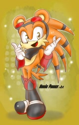 Size: 1080x1701 | Tagged: safe, artist:nonicpower, porcupine, 2024, abstract background, looking at viewer, male, open mouth, open smile, pose, scarf, smile, smiling at viewer, solo, sparkles, spike the porcupine, standing
