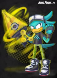 Size: 1379x1878 | Tagged: safe, artist:nonicpower, bird, 2024, abstract background, clothes, corvin the bird, fully clothed, goggles, holding something, looking at viewer, male, pants, pose, shirt, shoes, smile, smiling at viewer, solo, standing, weapon, wispon
