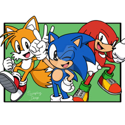 Size: 894x894 | Tagged: safe, artist:sungrangdesign, knuckles the echidna, miles "tails" prower, sonic the hedgehog, echidna, fox, hedgehog, anniversary, gloves, looking at viewer, male, open mouth, open smile, shoes, smile, smiling at viewer, trio, wink