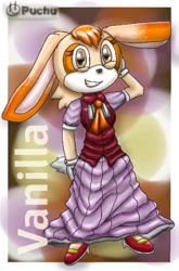 Size: 828x1251 | Tagged: safe, artist:salva1712, vanilla the rabbit, rabbit, dress, female, grin, shoes, solo, standing