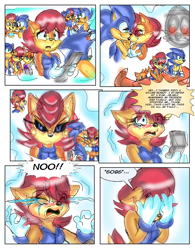 Size: 744x952 | Tagged: safe, artist:jayfoxfire, bunnie rabbot, nicole the handheld, sally acorn, sonic the hedgehog, chipmunk, hedgehog, rabbit, 2014, aircraft, biplane, child, comic, crying, death egg, dialogue, duo, english text, female, hands on own face, happy, holding something, male, robot, roboticized, sally x sonic, sally's ringblader outfit, sally's vest and boots, shipping, shocked, speech bubble, straight, tears, trauma, vehicle