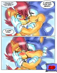 Size: 744x960 | Tagged: safe, artist:jayfoxfire, sally acorn, sonic the hedgehog, chipmunk, hedgehog, 2014, blushing, comic, crying, dialogue, duo, english text, female, hugging, kiss, looking at each other, male, sally x sonic, sally's ringblader outfit, shipping, smile, smiling at each other, speech bubble, straight, tears, tears of happiness