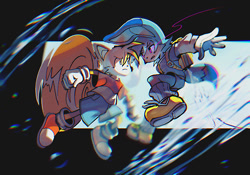 Size: 1200x840 | Tagged: safe, artist:mumidraws, kit the fennec, miles "tails" prower, fox, 2026, alternate outfit, clenched fists, clothes, duo, fight, fighting pose, flying, frown, gloves, leg warmers, looking at each other, male, mid-air, shirt, shoes, shorts, socks, spinning tails, treads, water