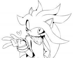 Size: 1434x1138 | Tagged: safe, artist:royalbootlace, silver the hedgehog, 2020, black and white, chest fluff, gloves, hand on hip, heart, line art, looking at viewer, male, monochrome, mouth open, neck fluff, simple background, solo, white background, wink