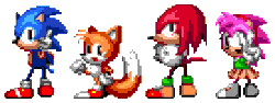 Size: 414x156 | Tagged: safe, artist:miniluv73, amy rose, knuckles the echidna, miles "tails" prower, sonic the hedgehog, sonic cd, 2023, animated, classic amy, classic knuckles, classic sonic, classic sonic (universe), classic tails, clenched fists, gif, group, infinite loop, looking at viewer, pixel art, pointing, simple background, smile, sprite, standing, transparent background, v sign, wagging finger