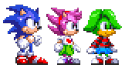 Size: 405x220 | Tagged: safe, artist:miniluv73, amy rose, sonic the hedgehog, tekno the canary, 2024, classic sonic, fleetway, fleetway amy, looking offscreen, pixel art, reference inset, simple background, smile, sonic the hedgehog 3, sprite, standing, style emulation, transparent background, trio