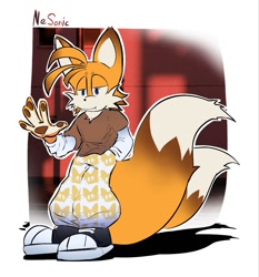 Size: 1191x1280 | Tagged: safe, artist:tails337, miles "tails" prower, 2026, aged up, black shoes, clothes, fur markings, hand in pocket, lidded eyes, looking offscreen, outline, pants, pawpads, shoes, signature, smile, solo, standing, sweater