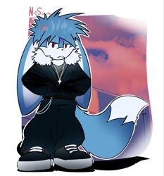 Size: 1191x1280 | Tagged: safe, artist:tails337, kit the fennec, 2026, aged up, annoyed, black shoes, clothes, coat, cross popping vein, eye clipping through hair, frown, fur markings, furry collar, hand in pocket, jacket, lidded eyes, looking at viewer, necklace, outline, pants, shirt, shoes, signature, solo