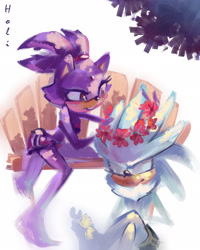 Size: 2299x2874 | Tagged: dead source, safe, artist:holivi, blaze the cat, silver the hedgehog, cat, hedgehog, bench, duo, eyes closed, female, flower, male, sitting