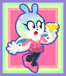 Size: 831x961 | Tagged: safe, artist:captainquack64, jewel the beetle, beetle, clothes, female, flying, gem, holding something, idw sonic the hedgehog, open mouth, shorts, solo, suit