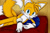 Size: 900x600 | Tagged: safe, artist:yenristar, miles "tails" prower, fox, 2010, arm fluff, bed, ear fluff, head fluff, indoors, looking at viewer, lying down, lying on side, male, mattress, pillow, signature, smile, solo, thigh fluff