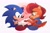 Size: 2048x1354 | Tagged: safe, artist:jadepesky, sally acorn, sonic the hedgehog, chipmunk, hedgehog, 2026, archie sonic the hedgehog, blushing, classic sally, classic sonic, classic sonic (universe), duo, female, hands together, looking at each other, male, redraw, remake, sally x sonic, sally's vest and boots, shipping, simple background, sitting, smile, straight