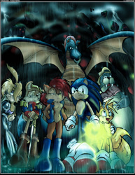 Size: 680x880 | Tagged: safe, artist:skypiratedash, antoine d'coolette, bunnie rabbot, dulcy the dragon, miles "tails" prower, rotor walrus, sally acorn, sonic the hedgehog, alternate version, colored version