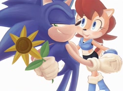 Size: 2749x2038 | Tagged: safe, artist:jadepesky, sally acorn, sonic the hedgehog, chipmunk, hedgehog, 2022, duo, female, flower, grin, holding hands, holding something, looking at them, male, open smile, sally x sonic, sally's ringblader outfit, shipping, simple background, smile, straight, white background